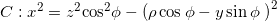 C:{x^2} = {z^2}{\cos ^2}\phi - {\left( {\rho \cos \phi - y\sin \phi {\rm{\;}}} \right)^2}