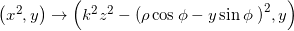 \left( {{x^2},y} \right) \to \left( {{k^2}{z^2} - {{\left( {\rho \cos \phi - y\sin \phi {\rm{\;}}} \right)}^2},y} \right)