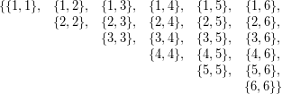  \begin{matrix} \{\{1,1\}, & \{1,2\}, & \{1,3\}, & \{1,4\}, & \{1,5\}, & \{1,6\}, \\ {} & \{2,2\}, & \{2,3\}, & \{2,4\}, & \{2,5\}, & \{2,6\}, \\ {} & {} & \{3,3\}, & \{3,4\}, & \{3,5\}, & \{3,6\}, \\ {} & {} & {} & \{4,4\}, & \{4,5\}, & \{4,6\}, \\ {} & {} & {} & {} & \{5,5\}, & \{5,6\}, \\ {} & {} & {} & {} & {} & \{6,6\}\} \\\end{matrix}